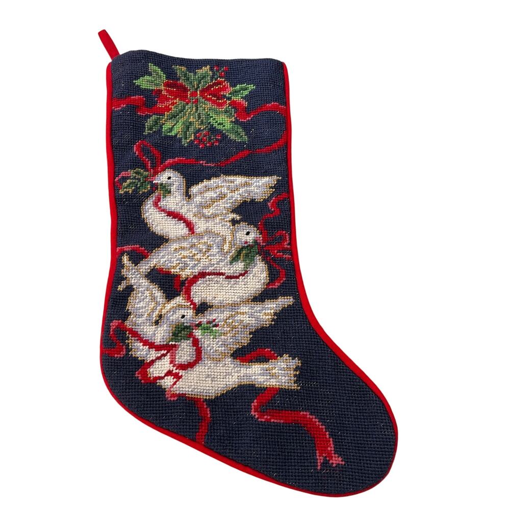 Vintage Wool Needlepoint Christmas Stocking Three Doves with Ribbon and Ivy
